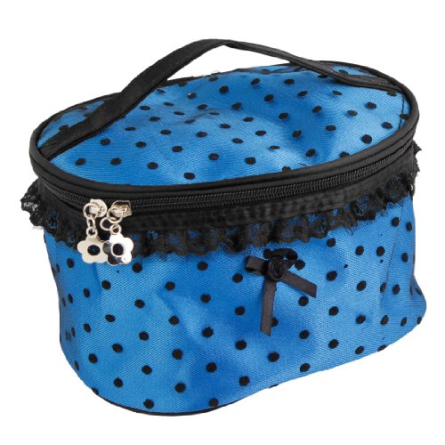 Ruilogod Damen Blue Nylon Punkte Akzent Dual Reißverschluss Kosmetik Makeup Handtasche Tasche von Ruilogod