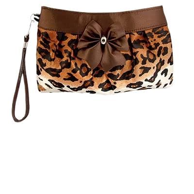 Ruilogod Damen Kaffee Bowknot Dekor Schwarz Leopard Printed Zip Up Cosmetic Bag von Ruilogod