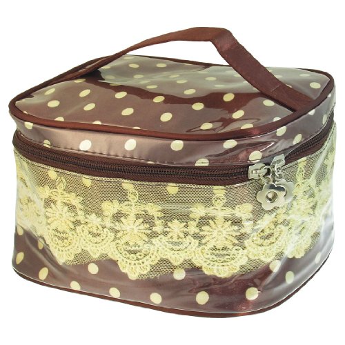 Ruilogod Damen Punkte drucken Spitze Decor 2-Reißverschluss Kunststoff beschichtete Kosmetiktasche Schokoladenfarbe von Ruilogod
