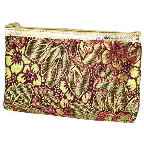 Ruilogod Damen Reißverschluss Blumenmuster Polyester Nylon Kosmetische Make-up-Tasche Goldtonrot von Ruilogod