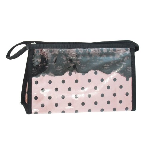 Ruilogod Damen Schwarze Punkte Muster Spitze Krempe Akzent wasserdichte Reißverschluss Rosa Make-up Kosmetiktasche von Ruilogod