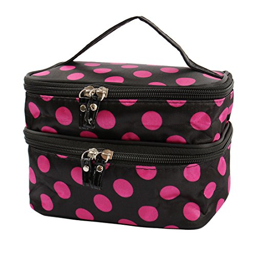 Ruilogod Double Layer Reisen Tragbare Kosmetiktüte Polka Dots Drucken Reißverschluss Kulturbeginn Handtasche Makeup Organizer mit Spiegel (Schwarz + Fuchsia-Punkte) von Ruilogod