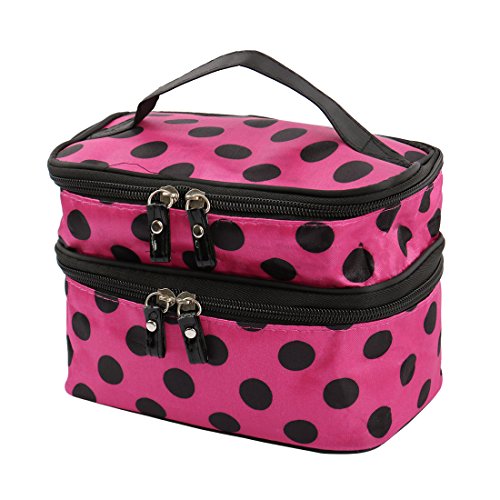 Ruilogod Double Layer Reisen Tragbare Kosmetiktüte Polka Dots Muster-Reißverschluss Kulturbeginn Handtasche Makeup Organizer mit Spiegel (Fuchsia + Schwarze Punkte) von Ruilogod