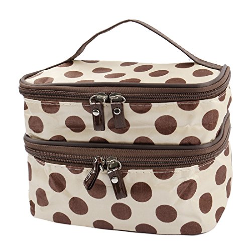 Ruilogod Double Layer Reisen Tragbare Kosmetiktüte Polka Dots Muster-Reißverschluss Kulturbekleidung Handtasche Makeup Organizer mit Spiegel (Beige + braune Punkte) von Ruilogod