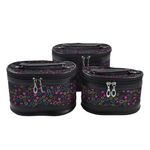 Ruilogod Frau 3 in 1 schwarz Fuchsia Herzmuster Dual Reißverschluss Kosmetiktasche Beutel W Mirror von Ruilogod