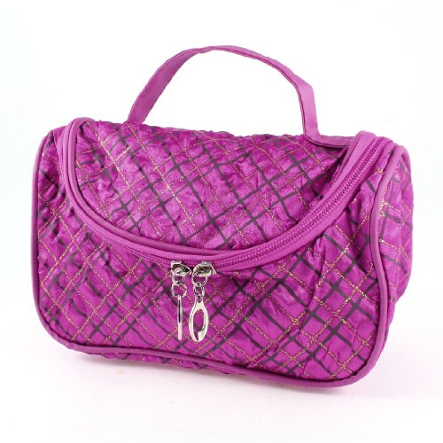 Ruilogod Frau Fuchsia Dual Way Zipper Check Muster Kosmetische Make-up-Tasche W-Spiegeln von Ruilogod