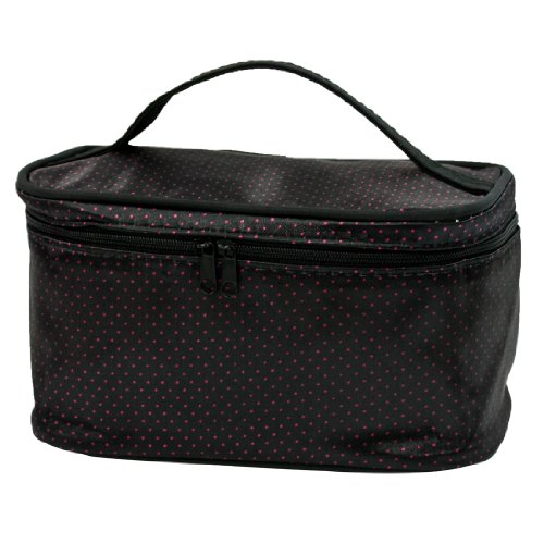 Ruilogod Frauen Black Fuchsia Punkte Muster Toilettenartikel Kosmetiktasche Halter W Mirror von Ruilogod