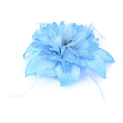 Ruilogod Frauen Blaue Stoff Blume Feder Glitter Gummi Haarband Brosche von Ruilogod