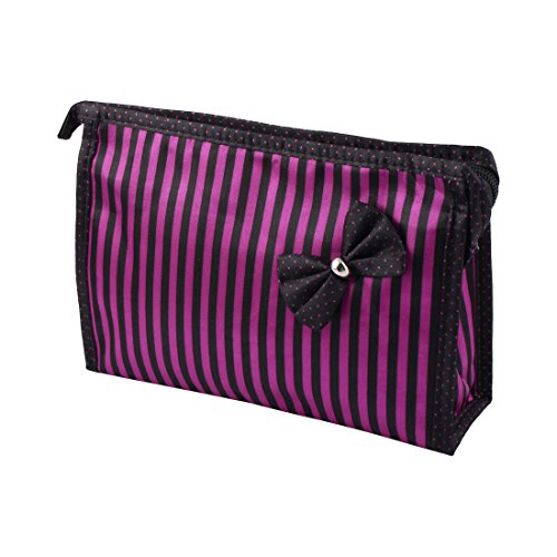 Ruilogod Frauen Nylon-Streifen-Muster Rechteckige Form Cosmetic Bag Organizer w Spiegel-Schwarz Fuchsia von Ruilogod