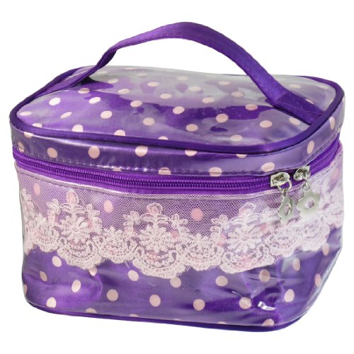 Ruilogod Frauen lila wasserdicht 2 Reißverschluss rosa Punkte drucken Spitzenrand aus Details Make-up-Tasche von Ruilogod