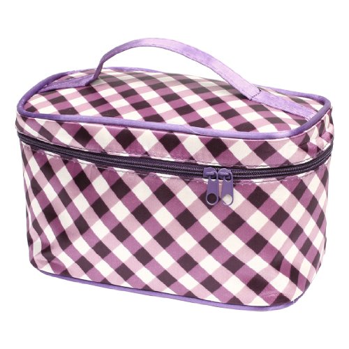 Ruilogod Frauen tragbarer Checker-Muster-Reißverschluss Kosmetiktasche lila Rosa W-Spiegel von Ruilogod