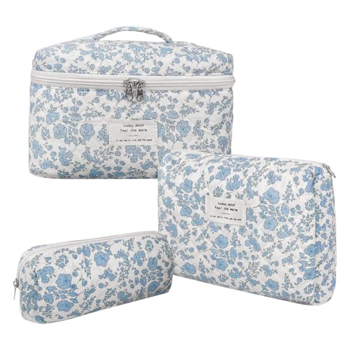 Baumwoll-Kosmetiktaschen-Set, Florale Make-up-Tasche für Damen,3X Kosmetiktaschen-Set aus gesteppter Baumwolle - Niedlicher Blauer Blumendruck-Make-up-Beutel für Reise-Hautpflege, Pinsel, von Ruilonghai
