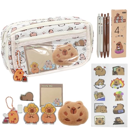 Ruioomeep Capybara Federmäppchen, Weit öffnender Stiftbeutel mit Fächern, Großes Federmäppchen, Sachen Mäppchen mit Capybara-Puppen-Schlüsselanhänger Broschen-Aufklebern Ruioomeep Capybara Federmäppchen, Weit öffnender Stiftbeutel mit Fächern, Großes Federmäppchen, Sachen Mäppchen mit Capybara-Puppen-Schlüsselanhänger Broschen-Aufklebern von Ruioomeep