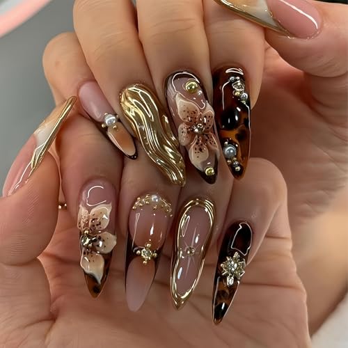 RUISPEED 24 Stück Press on Nails Lang Mandel Falsche Nägel Blumen Gold Accessoire Künstliche Nägel für Frauen, DIY Maniküre Ohne Lack von Ruispeed