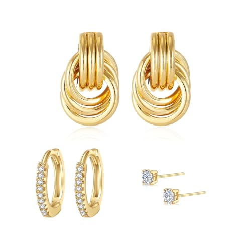 RUISPEED 3 Paar Ohrringe Gold Set 14K Vergoldet Creolen Stecker und Hänger mit Zirkonia hypoallergen wasserfest für Damen und Teenager von Ruispeed