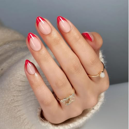 RUISPEED 32 Stück Press On Nails French Tip Rot Weiß, Extra Kurz Almond Form, Soft Gel Wiederverwendbare Kunstnägel mit 16 Größen, Ohne Feilen Selbstklebend für Frauen von Ruispeed