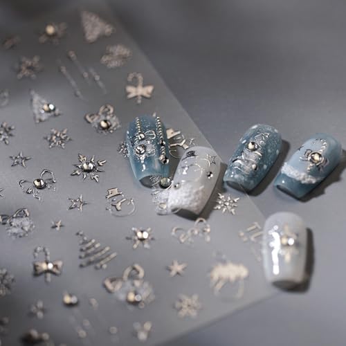 RUISPEED Geprägte Silberne Weihnachts-Nagelsticker – 5D selbstklebende Strass-Aufkleber mit Weihnachtsbaum & Schneeflocken-Stöcken, Nageldesign Zubehör für DIY Maniküre. von Ruispeed