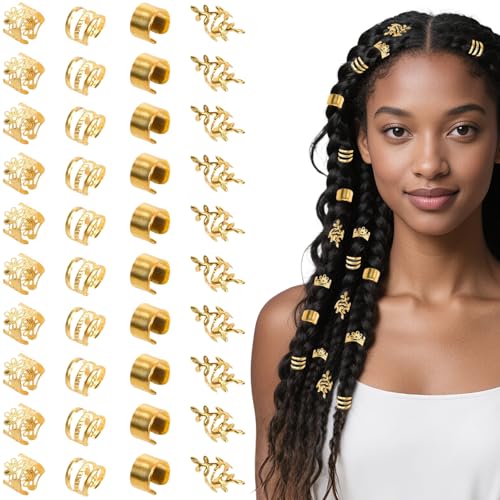 RUISPEED Gold Haarschmuck Set – 40 Stück Dreadlock Cuffs, Verstellbare Haar Ringe & Loc Schmuck für Zöpfe, ideal für Festival Haare, Pirate Style & Goddess Locs (Gold) von Ruispeed