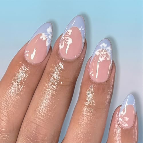 RUISPEED Press on Nägel 24 Stück, Blaue French Tip Mandel Nägel mit weißen Blumen, Glänzende Kunstnägel zum Aufkleben, Wiederverwendbare Falsche Nägel für Frauen und Mädchen von Ruispeed