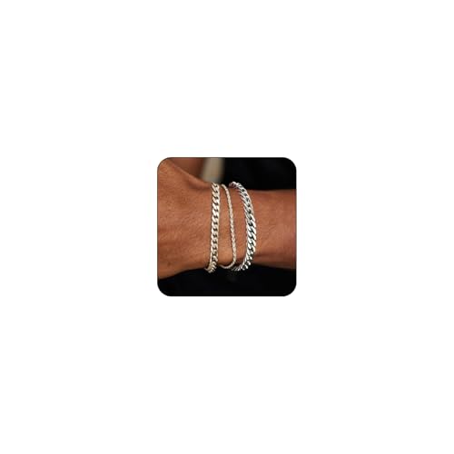 Ruispeed 3 Stück Edelstahl Herren Armbänder Cuban Chain Design Silber Verstellbares Stabiles Armband Set für Männer als Geschenk von Ruispeed