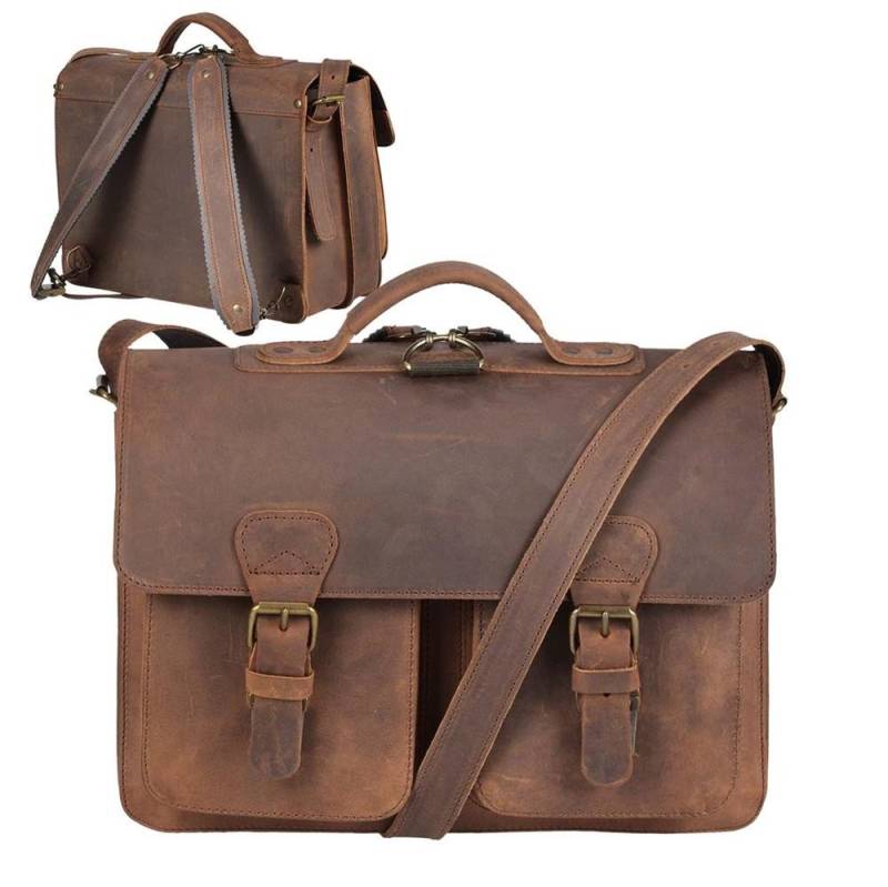Ruitertassen Aktentasche "Classic Satchel" Damen Herren 38x27cm mit 2 Fächern, 38 cm Lehrertasche mit 2 Fächern, auch als Rucksack zu tragen, Leder von Ruitertassen