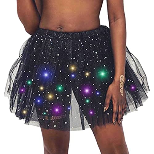 Ruiuzioong Damen Tüllrock Klassisch Tutu Faltenrock Sterne Pailletten Prinzessin Rock Mit LED Kleine Birne,für Dress Up Party Ballett Tanzen (Schwarz) von Ruiuzioong