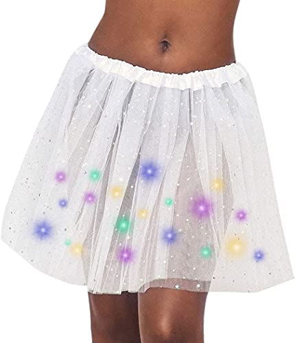 Ruiuzioong Damen Tüllrock Klassisch Tutu Faltenrock Sterne Pailletten Prinzessin Rock Mit LED Kleine Birne,für Dress Up Party Ballett Tanzen (Weiß) von Ruiuzioong