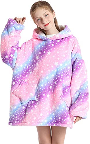 Ruiuzioong Kinder Übergroße Kapuzenpullover,Pullover Sweatshirt Mit Kapuze,Flanell Hoodie Decke mit Ärmel und Tasche für Jungen Mädchen (Lila Sternenhimmel) von Ruiuzioong