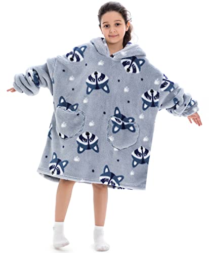 Ruiuzioong Kinder Übergroße Kapuzenpullover,Super Weich Warmes Bequeme Tragbare Decken Sweatshirt für Mädchen Jungen Teenager (Waschbär, 7-13 Jahre) von Ruiuzioong