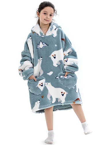 Ruiuzioong Kinder Übergroße Kapuzenpullover,Super Weich Warmes Bequeme Tragbare Decken Sweatshirt für Mädchen Jungen Teenager (Eisbär, 7-13 Jahre) von Ruiuzioong