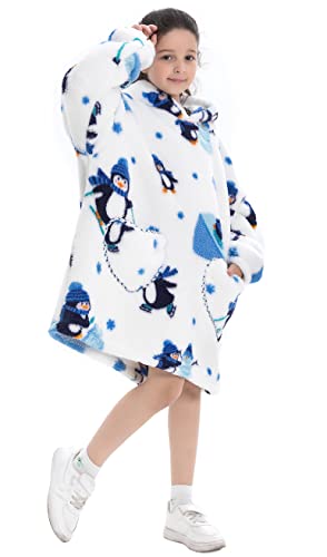 Ruiuzioong Kinder Übergroße Kapuzenpullover,Super Weich Warmes Bequeme Tragbare Decken Sweatshirt für Mädchen Jungen Teenager (Pinguin, 7-13 Jahre) von Ruiuzioong
