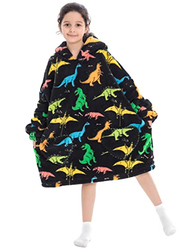 Ruiuzioong Kinder Übergroße Kapuzenpullover,Super Weich Warmes Bequeme Tragbare Decken Sweatshirt für Mädchen Jungen Teenager (bunter Dinosaurier, 7-13 Jahre) von Ruiuzioong