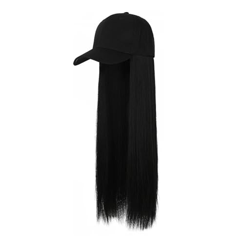 Perrücke Frauen mit Kappe, 60cm Geradem Perücke Damen, Schwarz Perücke Lang, Frauen Faser Perücke Kopfbedeckung, Perücken mit Schwarze Hüte, Schwarz Langes Glattes Haar von Ruiyete