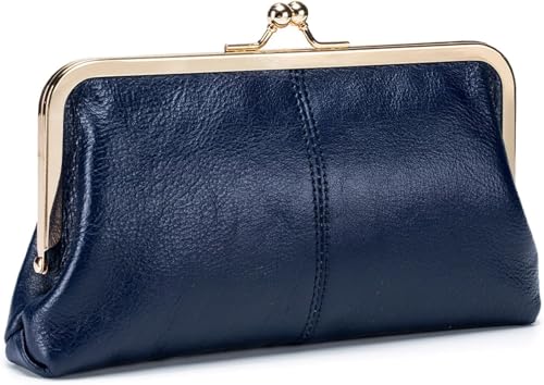 Ruizigeml Geldbörse Damen Groß Leder Vintage Damen Lock Wallet mit Münzfach Phone Wallet Navy Blau von Ruizigeml