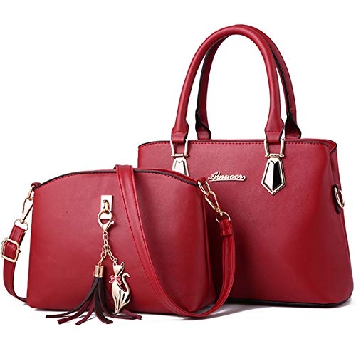 Rullar Damen 2Pcs Tasche Set PU Leder Henkeltaschen Quaste Ornamente Handtasche Umhängetasche Schultertasche Shopper Shoulder Handbag Bag Set Burgund von Rullar