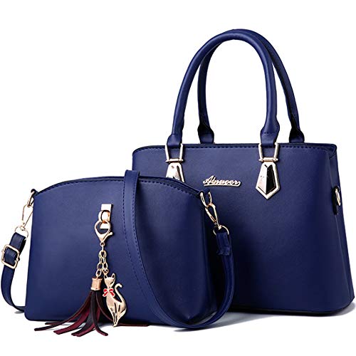 Rullar Damen 2Pcs Tasche Set PU Leder Henkeltaschen Quaste Ornamente Handtasche Umhängetasche Schultertasche Shopper Shoulder Handbag Bag Set Königsblau von Rullar