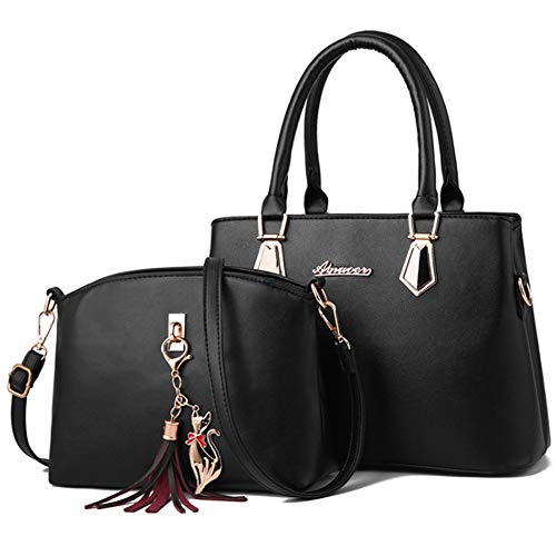 Rullar Damen 2Pcs Tasche Set PU Leder Henkeltaschen Quaste Ornamente Handtasche Umhängetasche Schultertasche Shopper Shoulder Handbag Bag Set Schwarz von Rullar