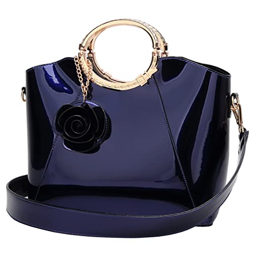 Rullar Damen Geldbeutel Top-Griff Tasche Glänzend PU-Lackleder Schultertaschen Satchel Blumenanhänger Handtasche-Royal Blau von Rullar