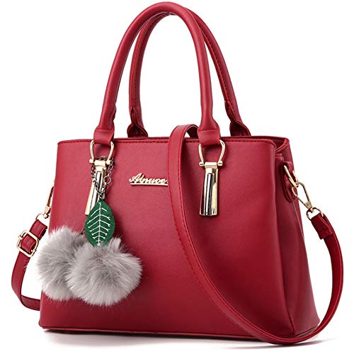 Rullar Damen Mode Multifunktion Umhängetasche Multifunktions Handtasche Henkeltaschen PU Leder Shopper Geldbörse Taschen mit Plüschornamenten Burgund von Rullar