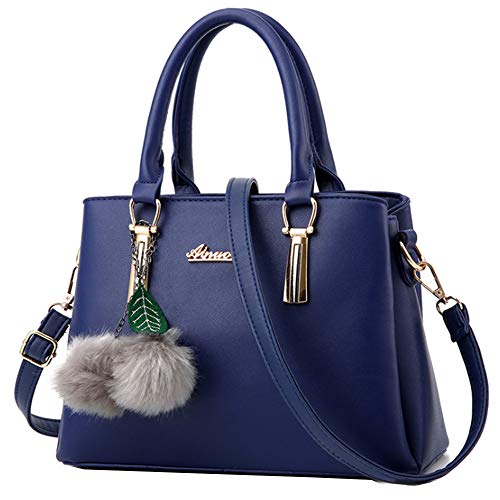 Rullar Damen Mode Multifunktion Umhängetasche Multifunktions Handtasche Henkeltaschen PU Leder Shopper Geldbörse Taschen mit Plüschornamenten Dunkelblau von Rullar