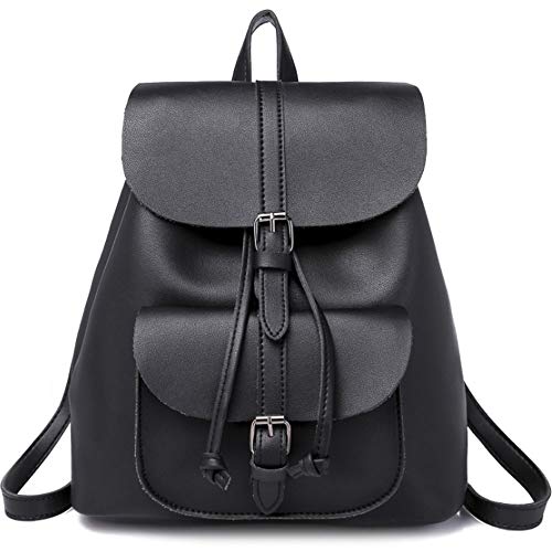 Rullar PU Leder Wasserdichte Rucksackhandtaschen Schule Umhängetasche Student Wandern Schultertaschen Shopper Tagesrucksack Tasche Geldbörse für Damen Mädchen Backpack Schwarz von Rullar