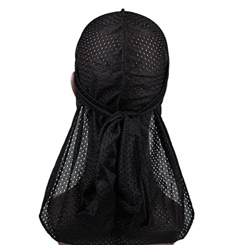 Long Tail Waves Cap Satin Durag Atmungsaktives Mesh Durag Bandanas Wide Riemen Pirat Haarausfall Chemo-Kappe Für Männer Frauen Schwarz von Ruluti