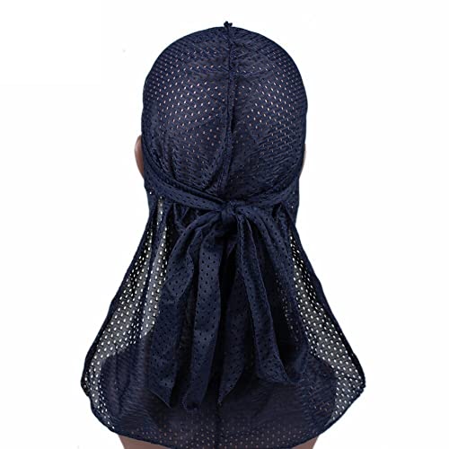 Long Tail Waves Cap Satin Durag Atmungsaktives Mesh Durag Bandanas Wide Riemen Piraten Haarausfall Chemo-Kappe Für Männer Frauen Marineblau von Ruluti