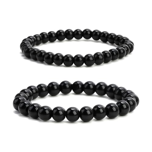 Rumgug 2 Stück Schwarzer Turmalin Armband, 8/10 MM Edelstein Naturstein Großes Dehnbares Kugeln auf Elastischem Nylonfaden Aufgezogen Handgefertigt von Rumgug