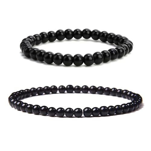 Rumgug 2 Stück Schwarzer Turmalin Armband, 4/6 MM Edelstein Armband Naturstein Armband Großes Dehnbares Armband Kugeln auf Elastischem Nylonfaden Aufgezogen Handgefertigt (Set C) von Rumgug
