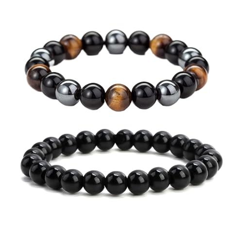 Rumgug 2 Stück Schwarzer Turmalin Armband, 8 MM Edelstein Armband Naturstein Armband Großes Dehnbares Armband Kugeln auf Elastischem Nylonfaden Aufgezogen Handgefertigt (Set D) von Rumgug