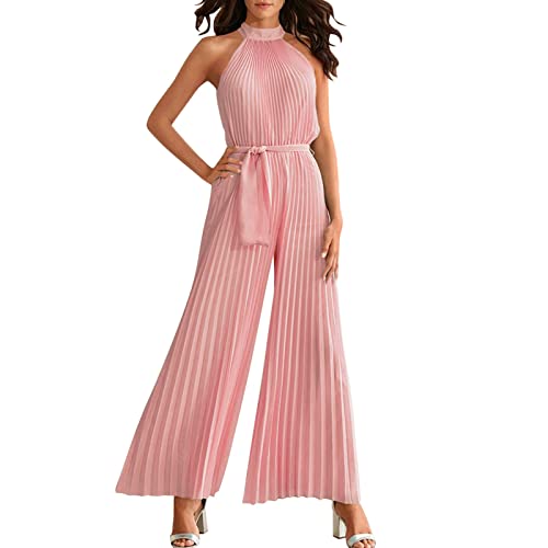 Damen Kurzarm Lang Jumpsuit Elegant Overall Jumpsuits O-Ausschnitt Playsuit Romper Hosenanzug Casual Lose Overalls Lang Romper mit Gürtel S-XXL von Rumity