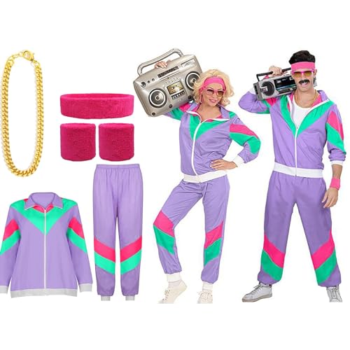 Rumity 80er 90er Jahre Outfit Herren Damen,Vintage 80er 90er Trainingsanzug,Retro Kostüm Set Ballonseide Trainingsanzug Faschings KostüMe Damen 80Er KostüM kostüm 90er jahre von Rumity