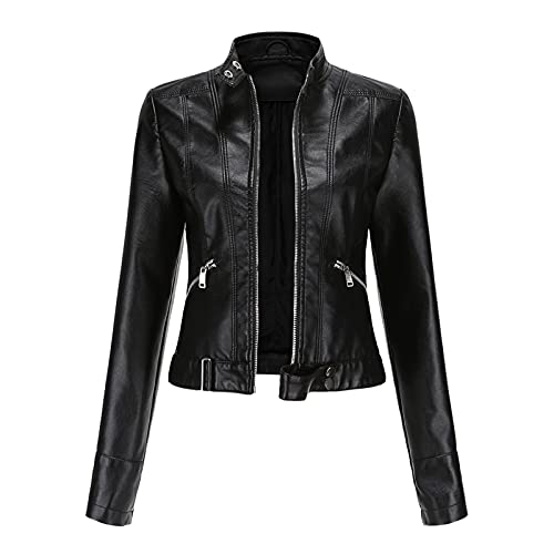 Rumity Damen Jacke Motorrad Lederimitat Stehkragen Mantel Kunstleder Jacke Bikerjacke mit Nieten Reißverschluss für Outdoor Herbst Frühling Outdoorjacke Damen Wasserdicht Winter Damen Mantel von Rumity