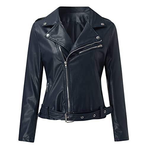 Rumity Damen Lederjacke Bikerjacke – Moderner Echt Leder Jacke Übergangsjacke Stehkragen mit Druckknopf Schwarz-Cognac Winterparka Damen GefüTtert Leder Mantel FüR Damen Lang von Rumity